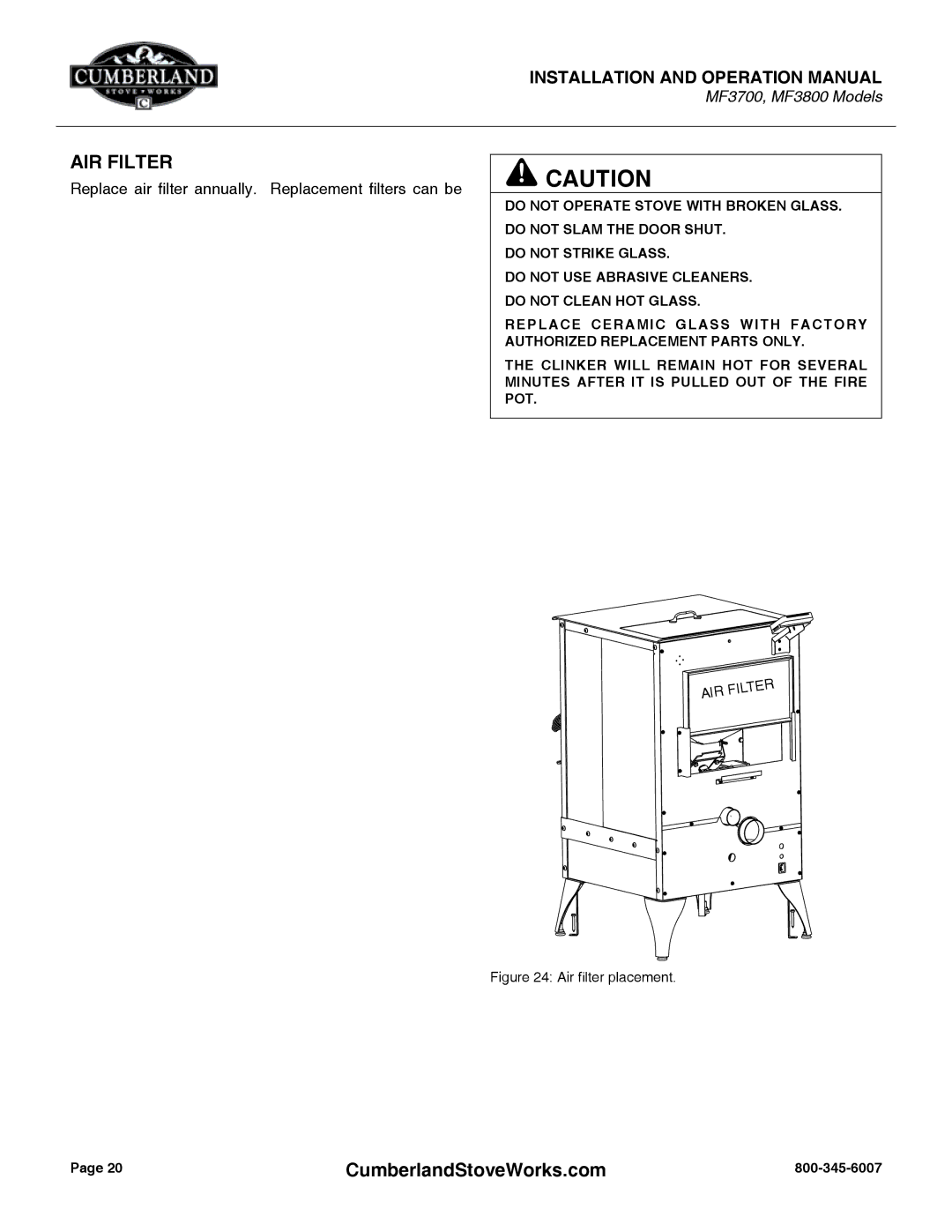 Cumberland Stove Works MF3800, MF3700 warranty AIR Filter, Air filter placement 