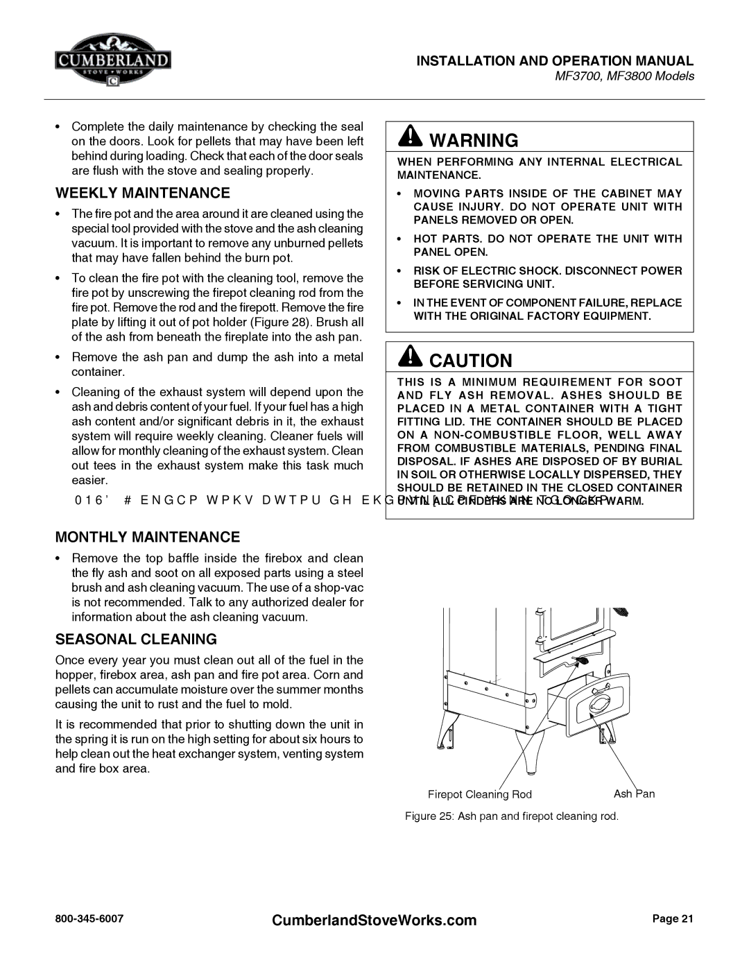 Cumberland Stove Works MF3700, MF3800 warranty Weekly Maintenance, Monthly Maintenance, Seasonal Cleaning 