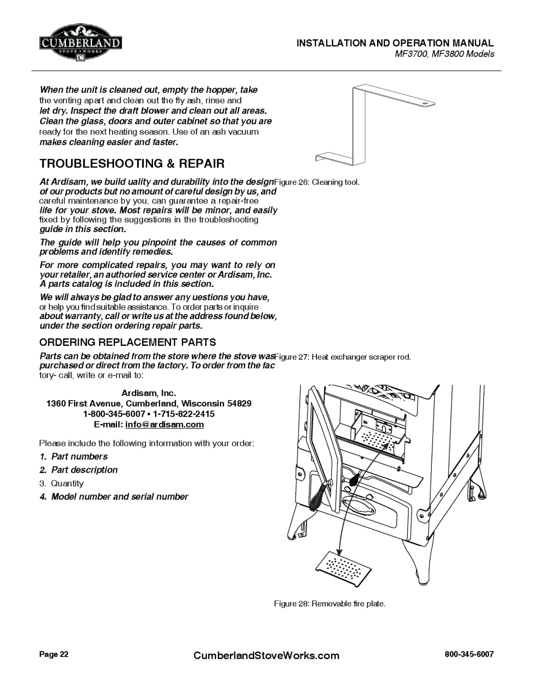 Cumberland Stove Works MF3800, MF3700 warranty Troubleshooting & repair, Ordering Replacement Parts 