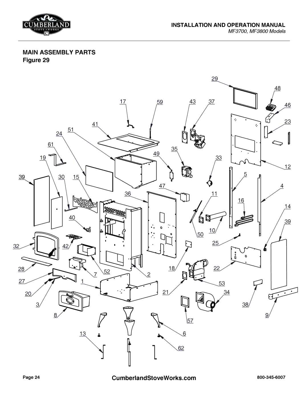 Cumberland Stove Works MF3800, MF3700 warranty Main Assembly Parts 