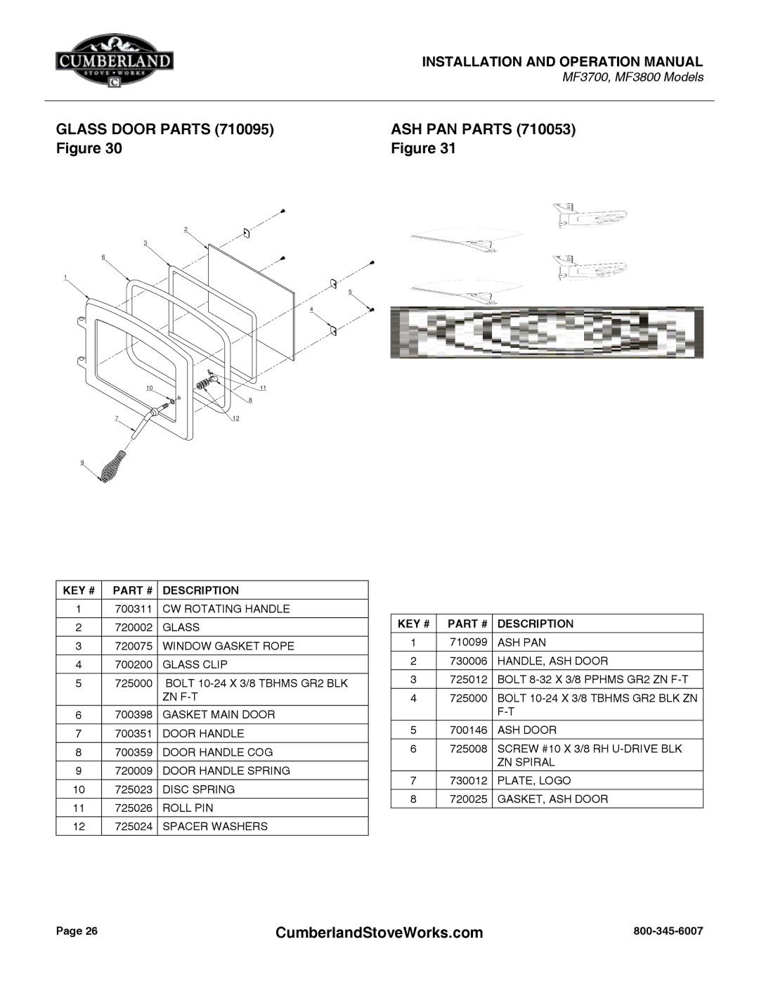 Cumberland Stove Works MF3800, MF3700 warranty Glass Door Parts, ASH PAN Parts 