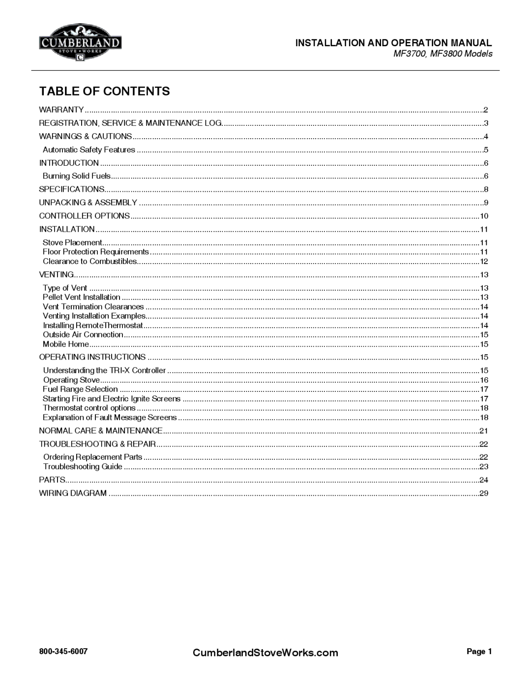 Cumberland Stove Works MF3700, MF3800 warranty Table of Contents 