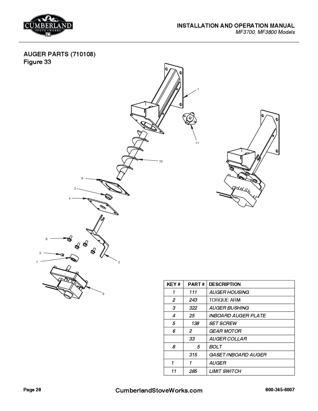 Cumberland Stove Works MF3800, MF3700 warranty Auger Parts 