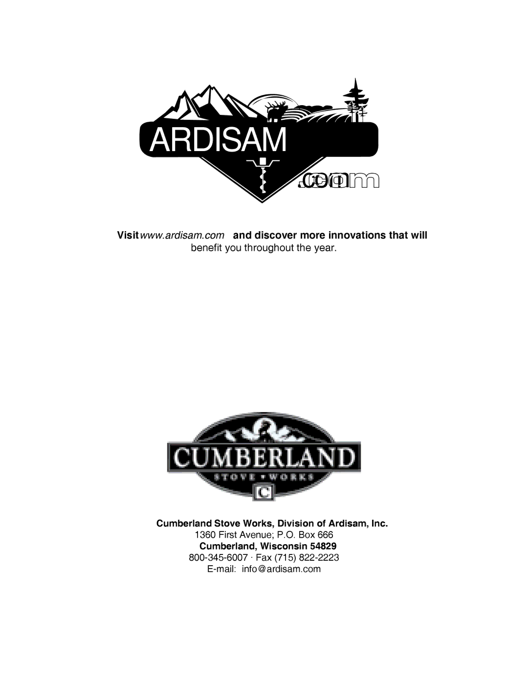 Cumberland Stove Works MF3800, MF3700 warranty Ardisam 