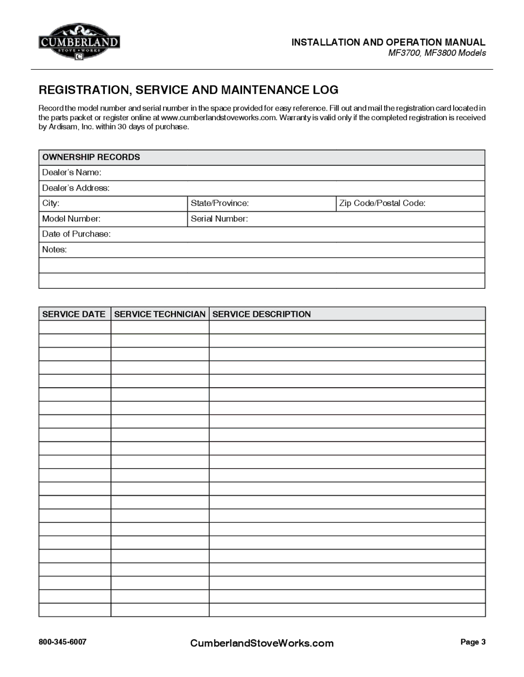 Cumberland Stove Works MF3700, MF3800 warranty REGISTRATION, Service and Maintenance LOG, Ownership Records 