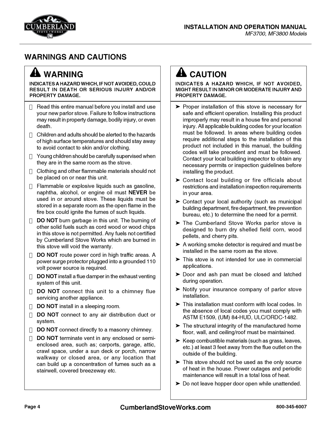 Cumberland Stove Works MF3800, MF3700 warranty CumberlandStoveWorks.com 