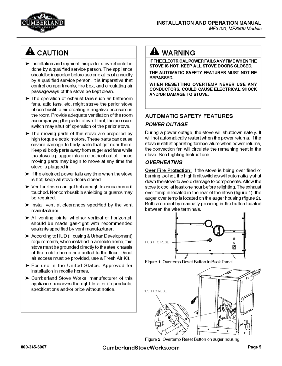 Cumberland Stove Works MF3700, MF3800 warranty Automatic Safety Features Must not be Bypassed 