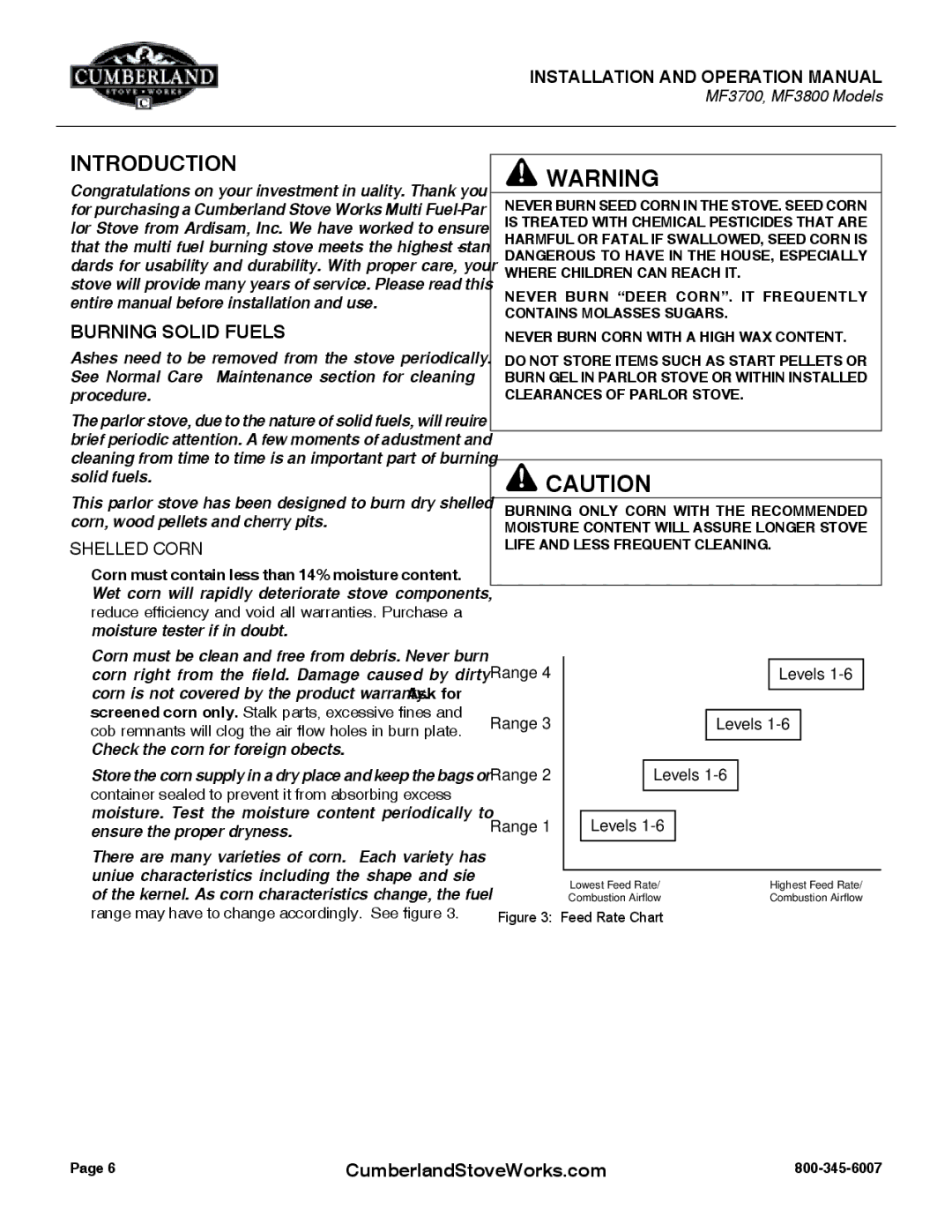 Cumberland Stove Works MF3800, MF3700 warranty Introduction, Burning Solid Fuels, Shelled Corn 
