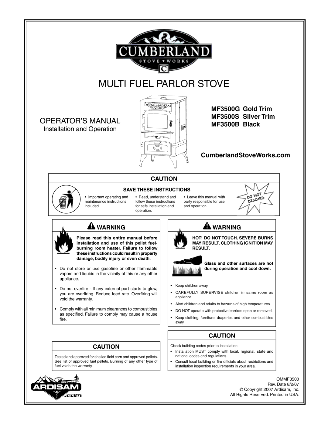 Cumberland Stove Works OMMF3500 warranty Multi Fuel Parlor Stove 