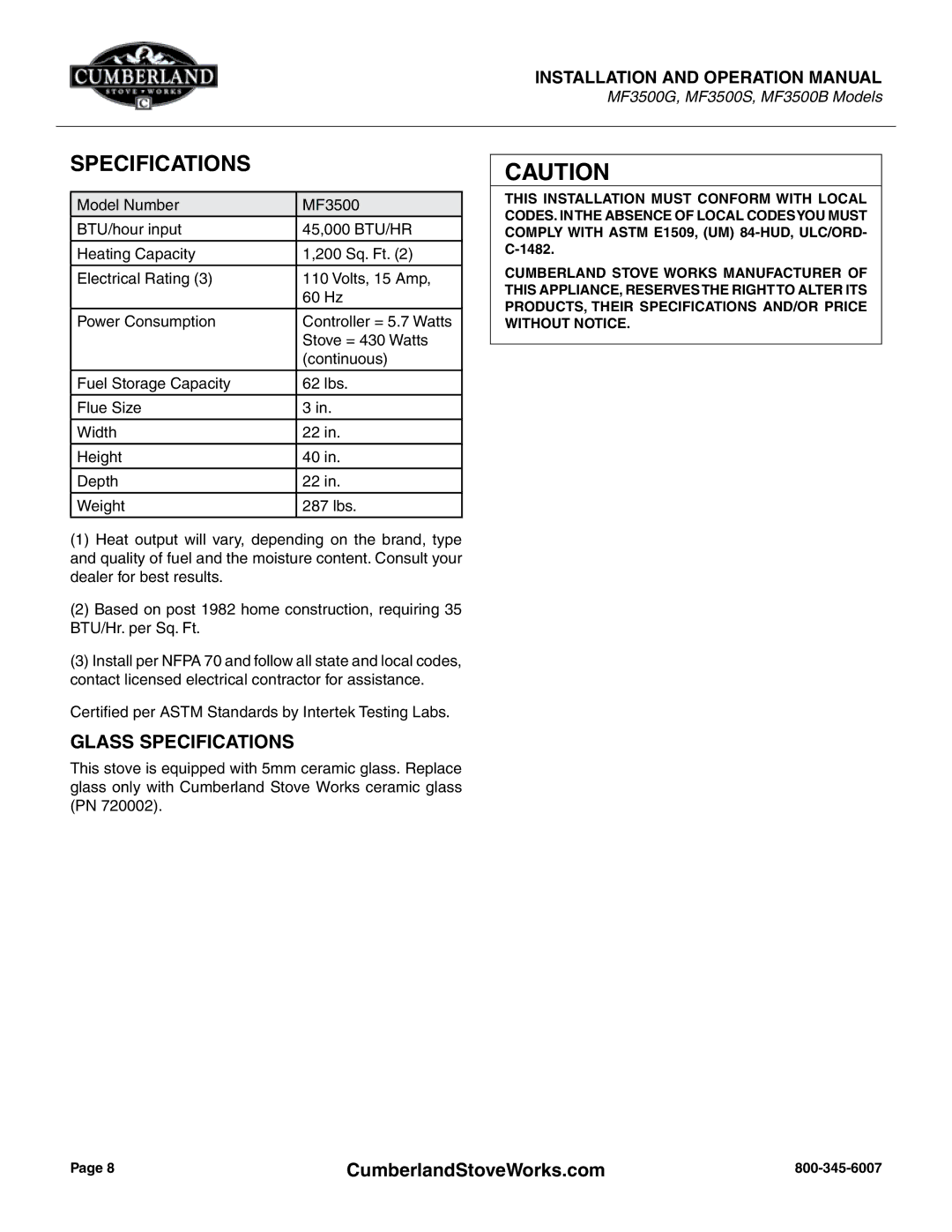 Cumberland Stove Works OMMF3500 warranty Glass Specifications 