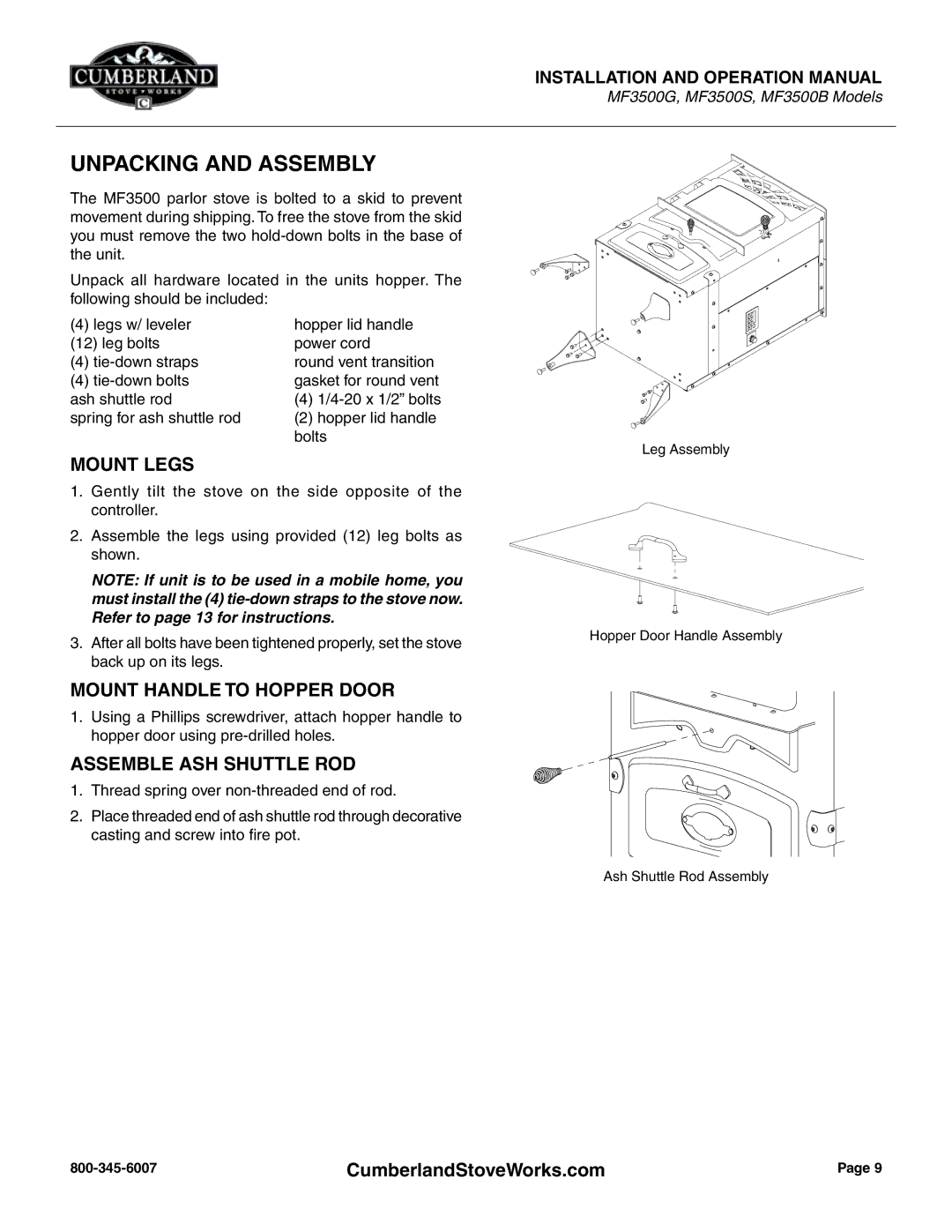 Cumberland Stove Works OMMF3500 Unpacking and Assembly, Mount Legs, Mount Handle to Hopper Door, Assemble ASH Shuttle ROD 