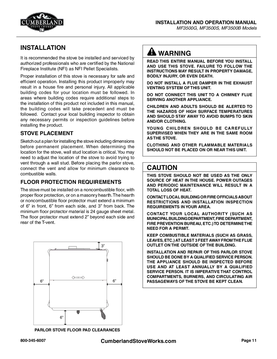 Cumberland Stove Works OMMF3500 warranty Installation, Stove Placement, Floor Protection Requirements 