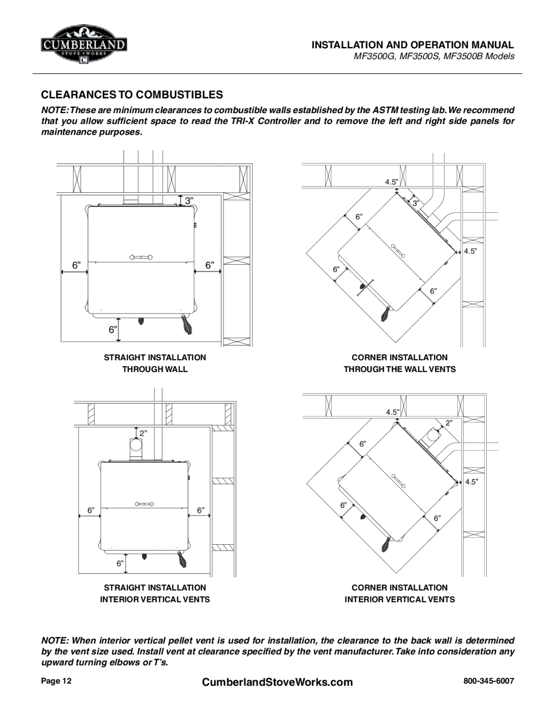 Cumberland Stove Works OMMF3500 warranty Clearances to Combustibles 