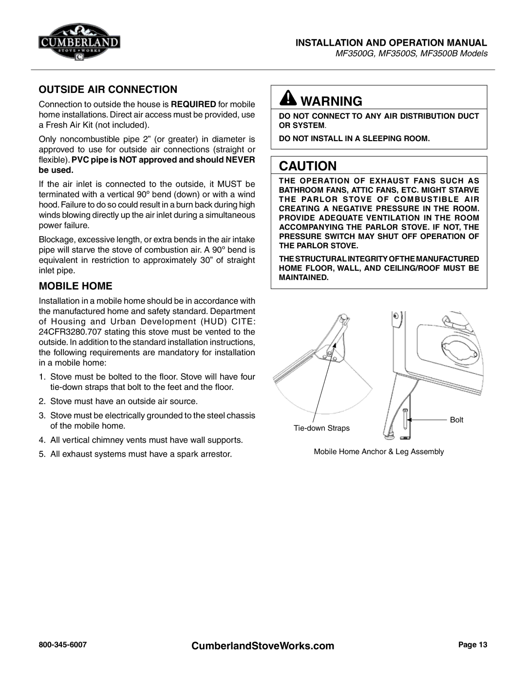 Cumberland Stove Works OMMF3500 warranty Outside AIR Connection, Mobile Home 