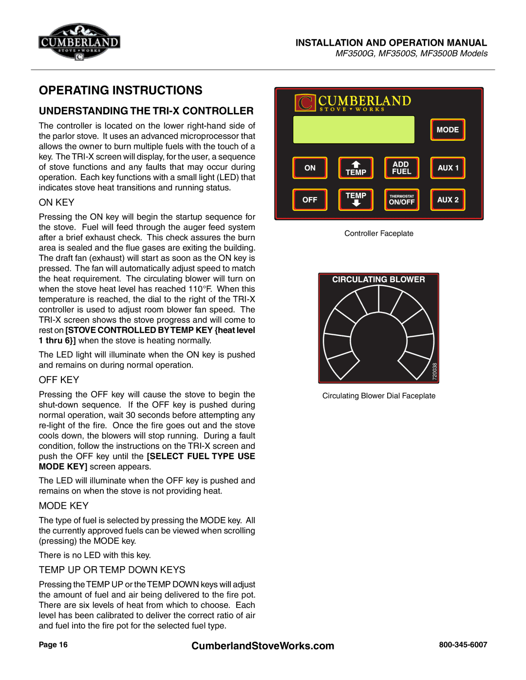 Cumberland Stove Works OMMF3500 warranty Operating Instructions, Understanding the TRI-X Controller 