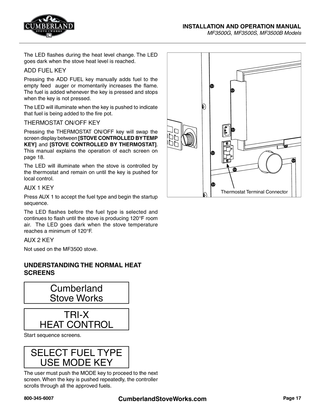 Cumberland Stove Works OMMF3500 warranty Understanding the Normal Heat Screens, ADD Fuel KEY 