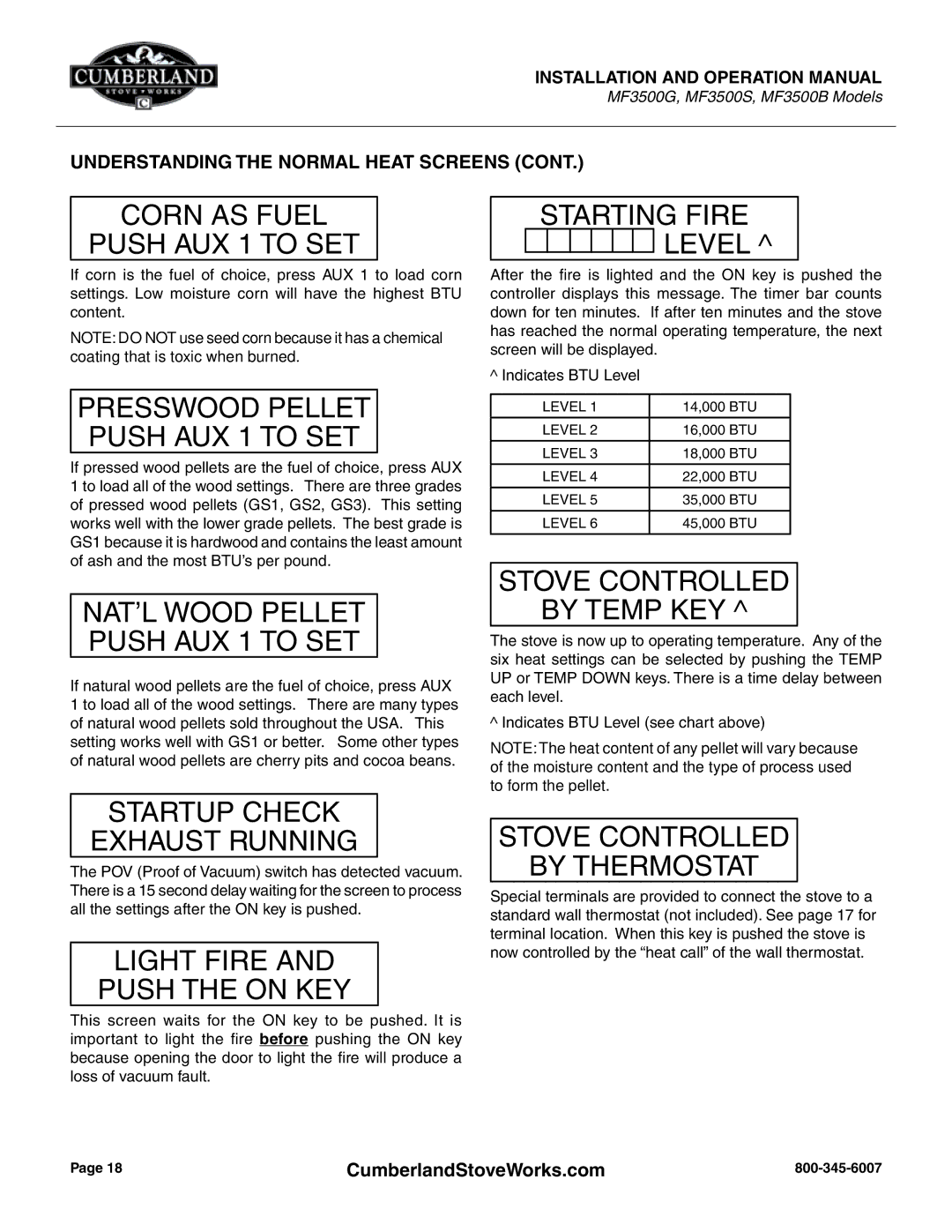 Cumberland Stove Works OMMF3500 warranty Corn AS Fuel Push AUX 1 to SET Starting Fire Level 