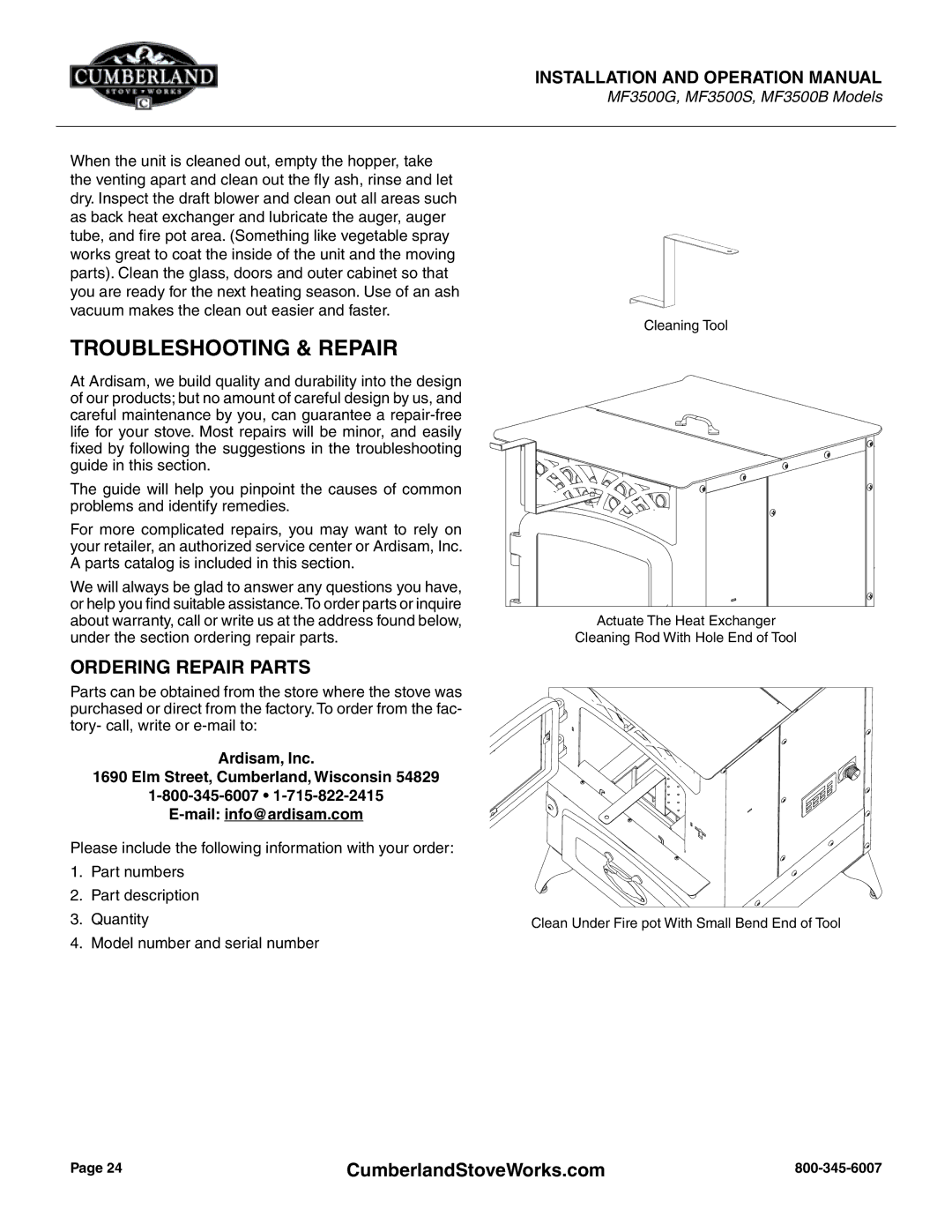 Cumberland Stove Works OMMF3500 warranty Troubleshooting & repair, Ordering Repair Parts 