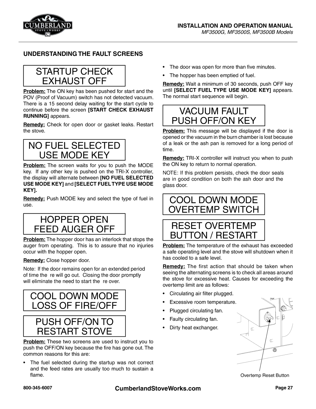 Cumberland Stove Works OMMF3500 warranty Startup Check Exhaust OFF, Understanding the Fault Screens 