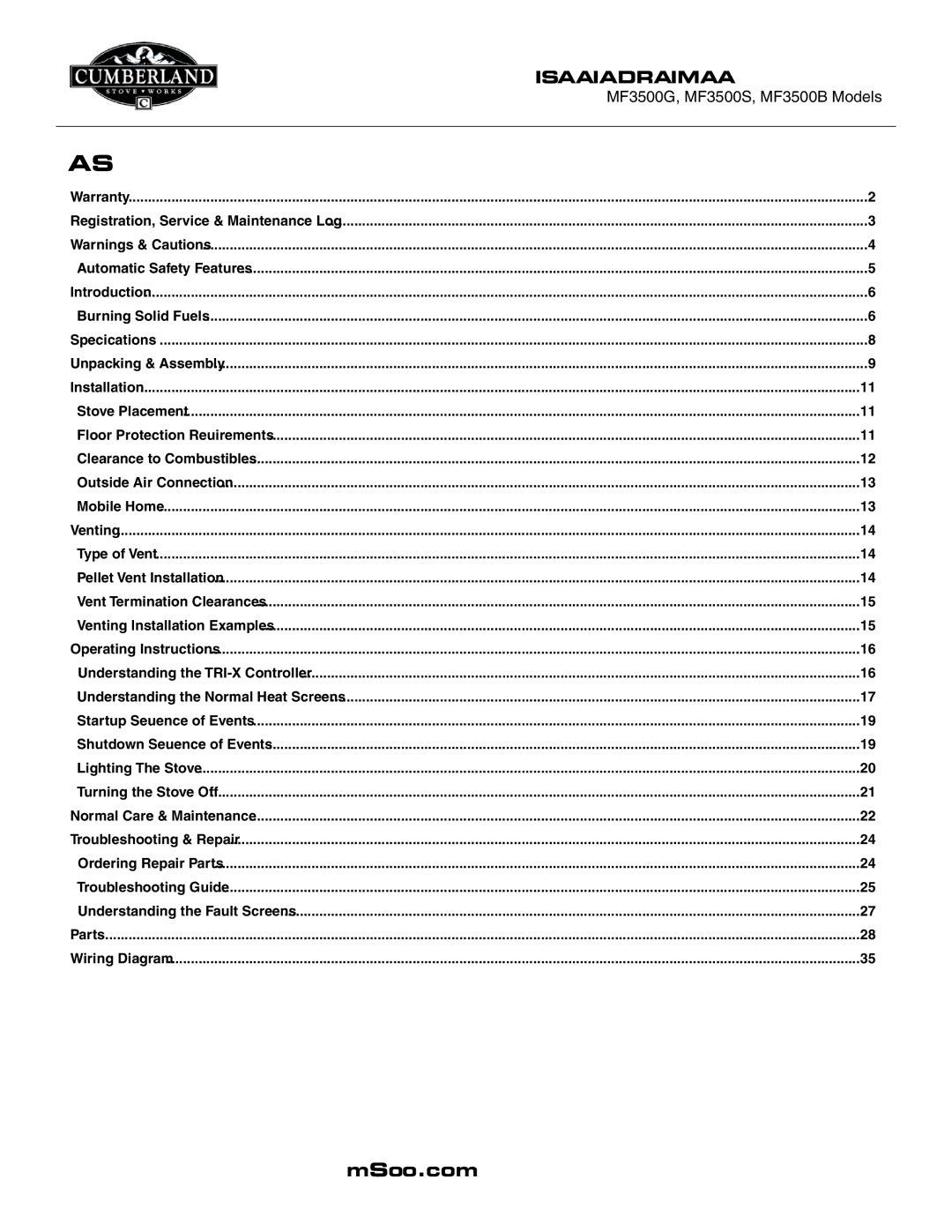 Cumberland Stove Works OMMF3500 warranty Table of Contents 