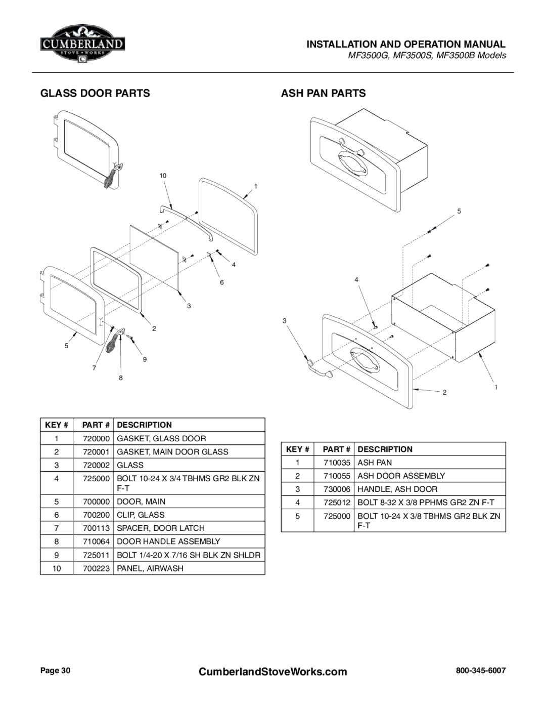 Cumberland Stove Works OMMF3500 warranty Glass Door Parts, ASH PAN Parts 