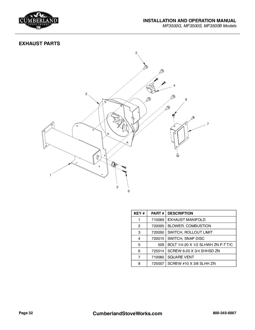 Cumberland Stove Works OMMF3500 warranty Exhaust Parts 