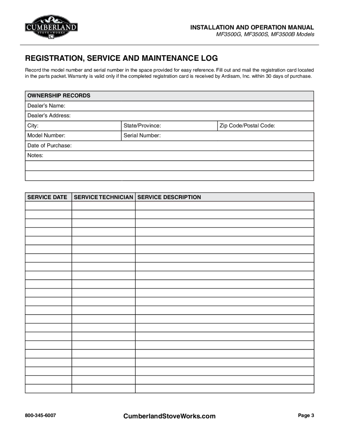 Cumberland Stove Works OMMF3500 warranty REGISTRATION, Service and Maintenance LOG, Ownership Records 