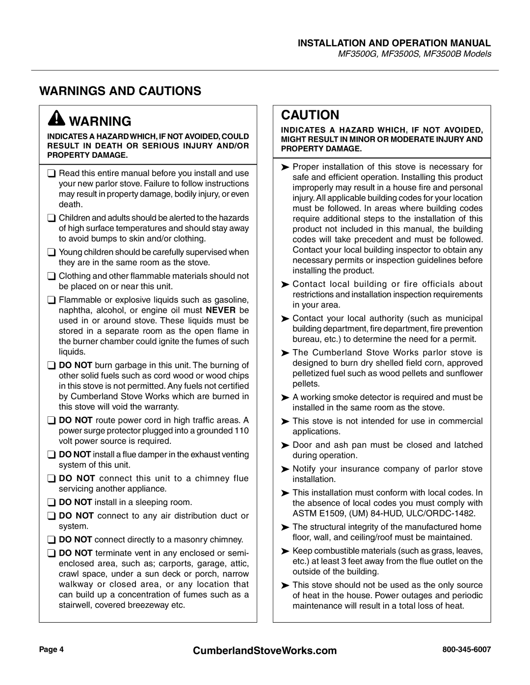 Cumberland Stove Works OMMF3500 warranty CumberlandStoveWorks.com 