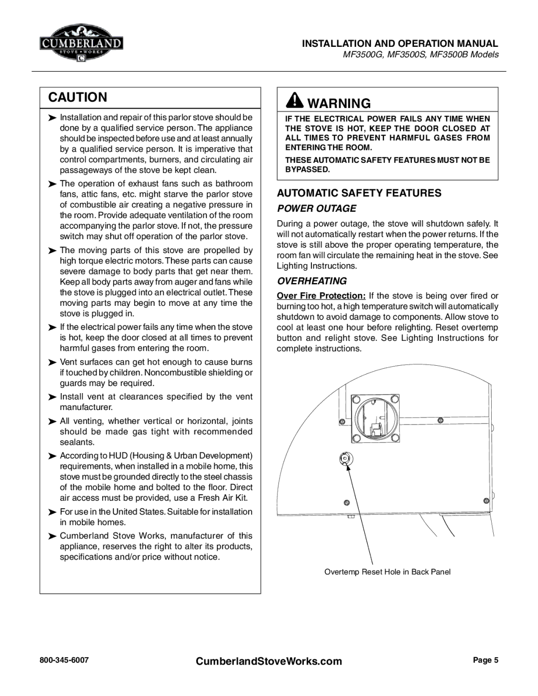 Cumberland Stove Works OMMF3500 warranty Automatic Safety Features, Power Outage 