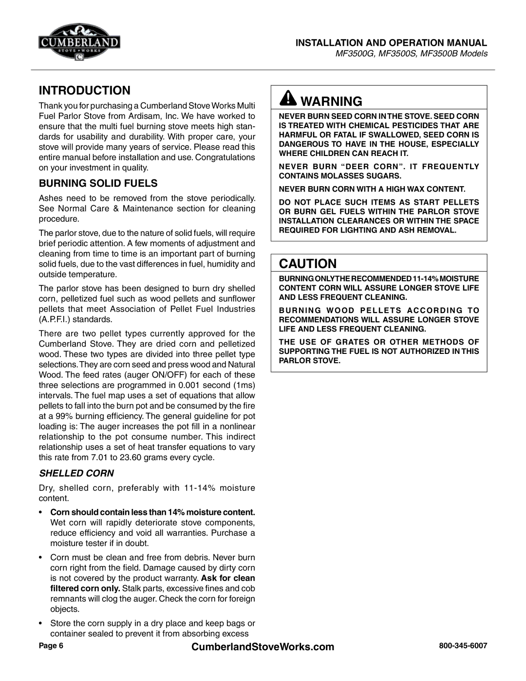 Cumberland Stove Works OMMF3500 warranty Introduction, Burning Solid Fuels 