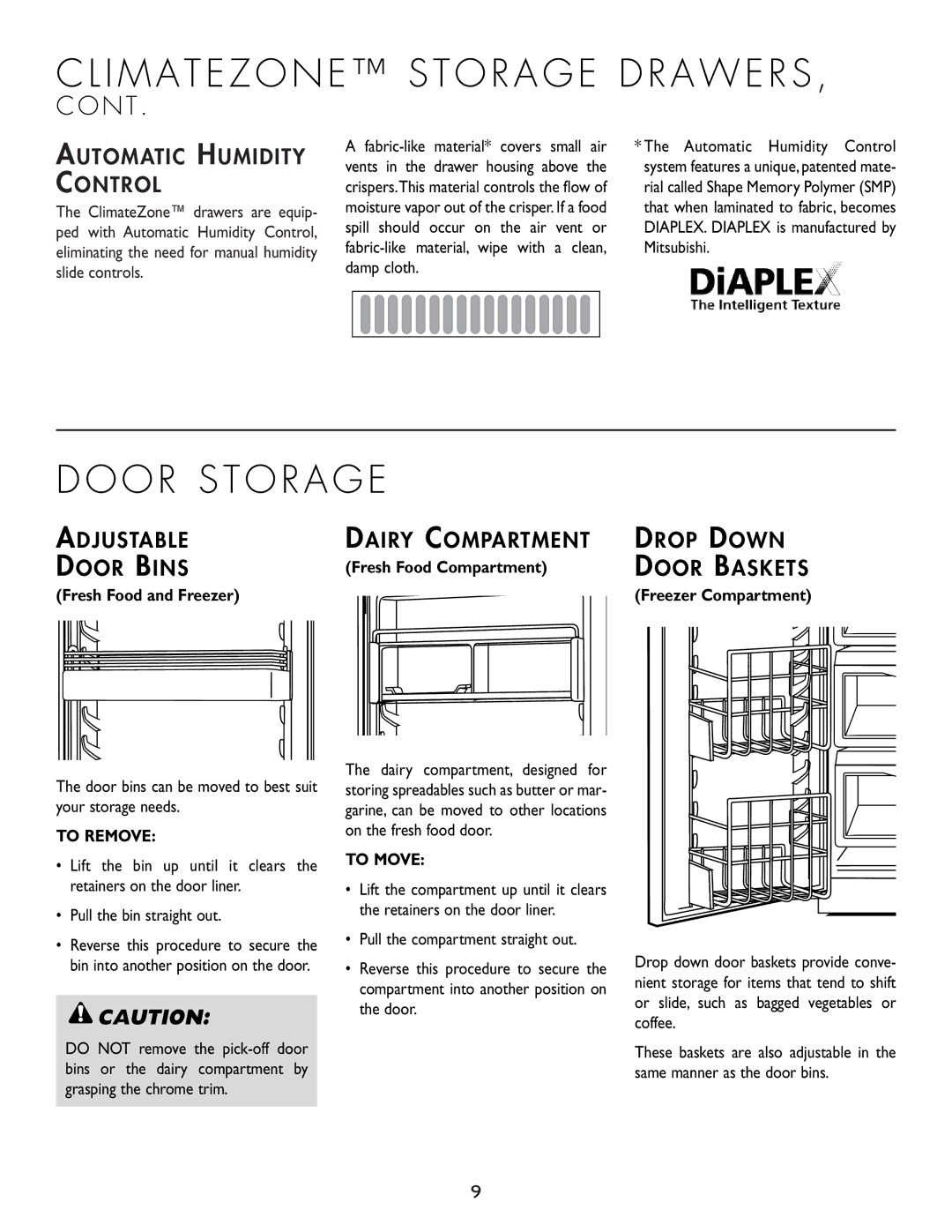 Cuno 111405-1 manual O R S T O R a G E, Automatic Humidity Control, Adjustable Dairy Compartment Drop Down Door Bins 