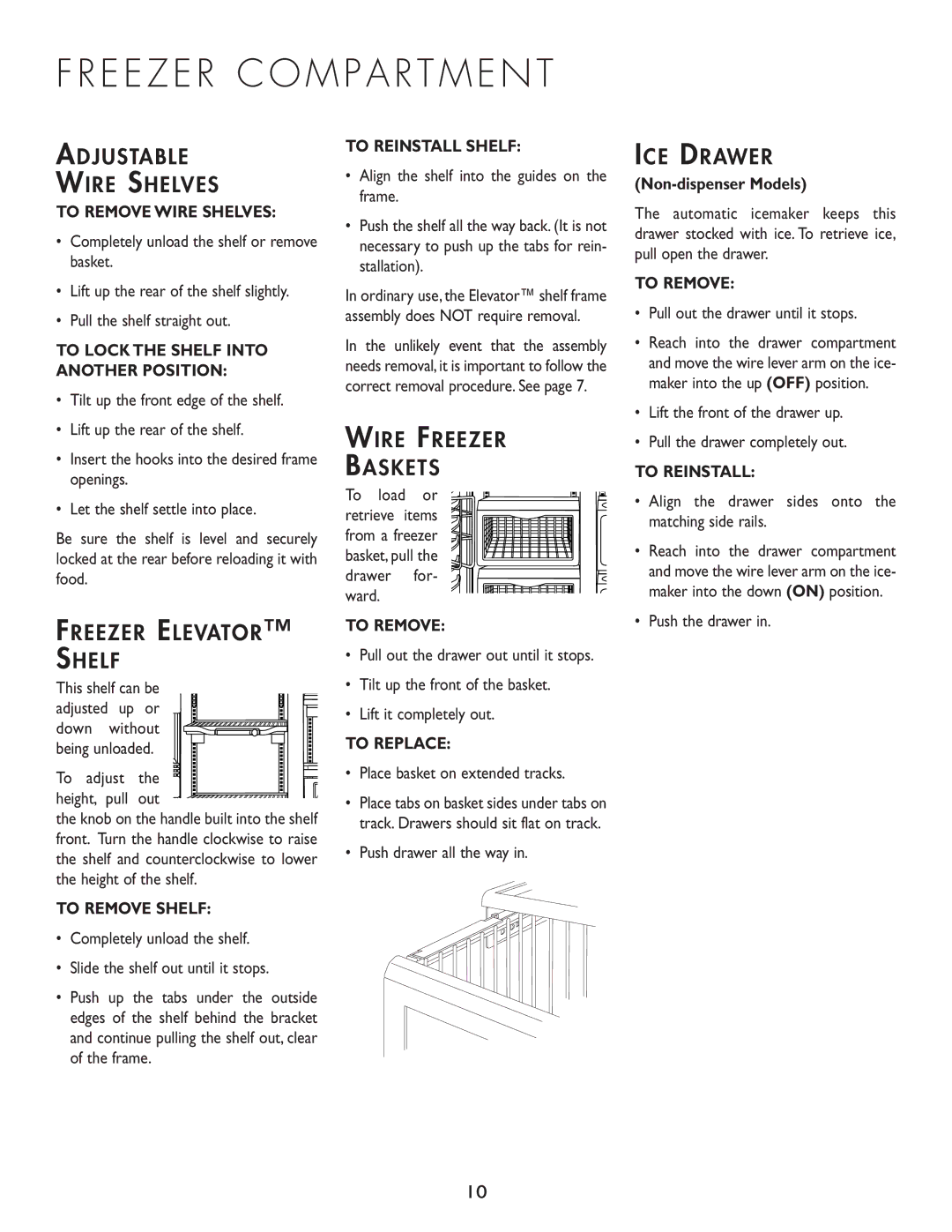 Cuno 111405-1 manual E E Z E R C O M P a R T M E N T, Adjustable Wire Shelves, Freezer Elevator Shelf, Wire Freezer Baskets 