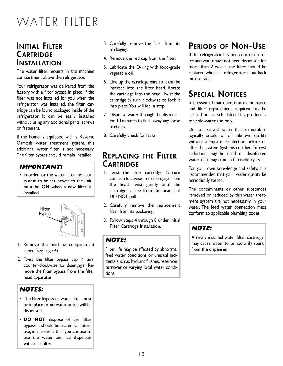 Cuno 111405-1 T E R F I L T E R, Initial Filter Cartridge Installation, Replacing the Filter Cartridge, Periods of NON-USE 