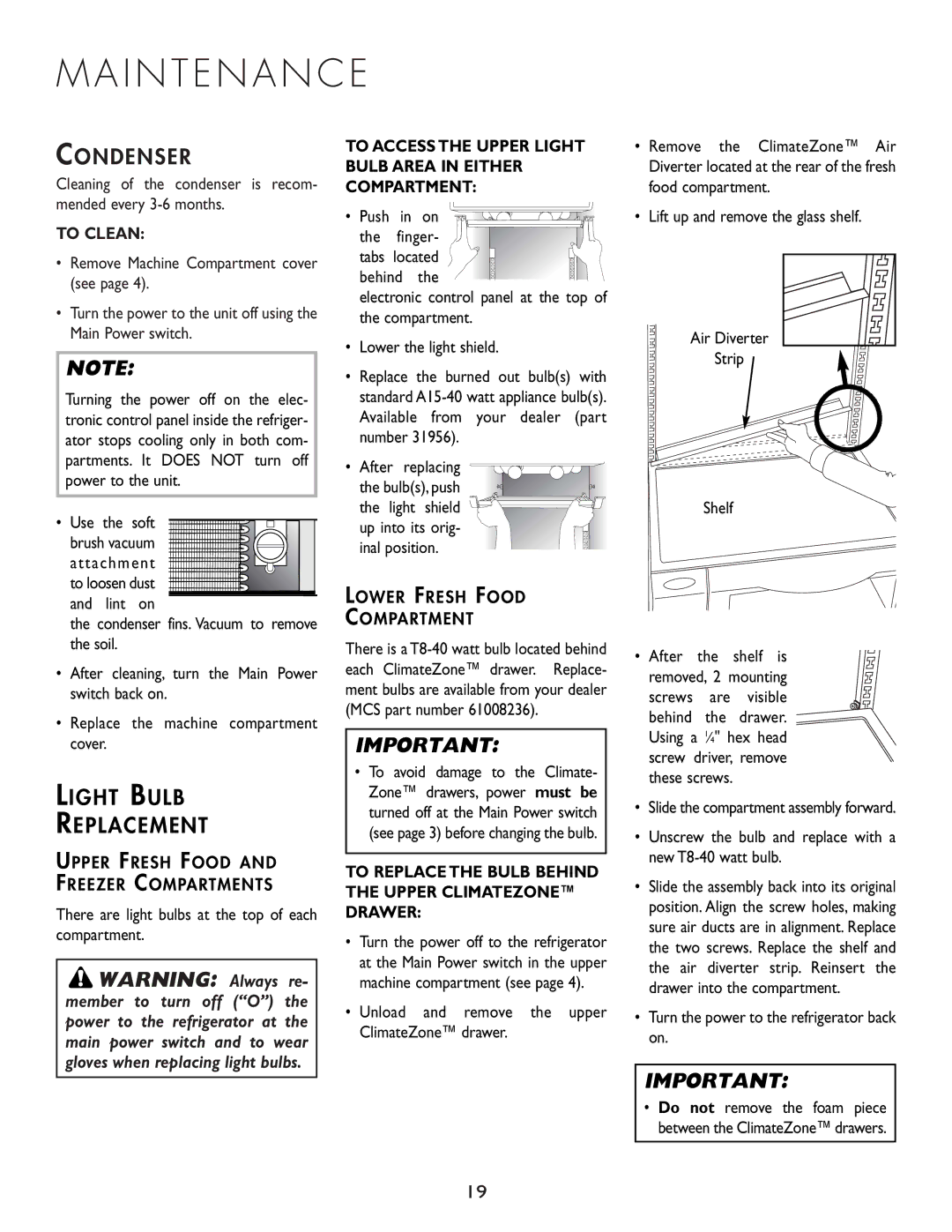 Cuno 111405-1 manual I N T E N a N C E, Condenser, Light Bulb Replacement 