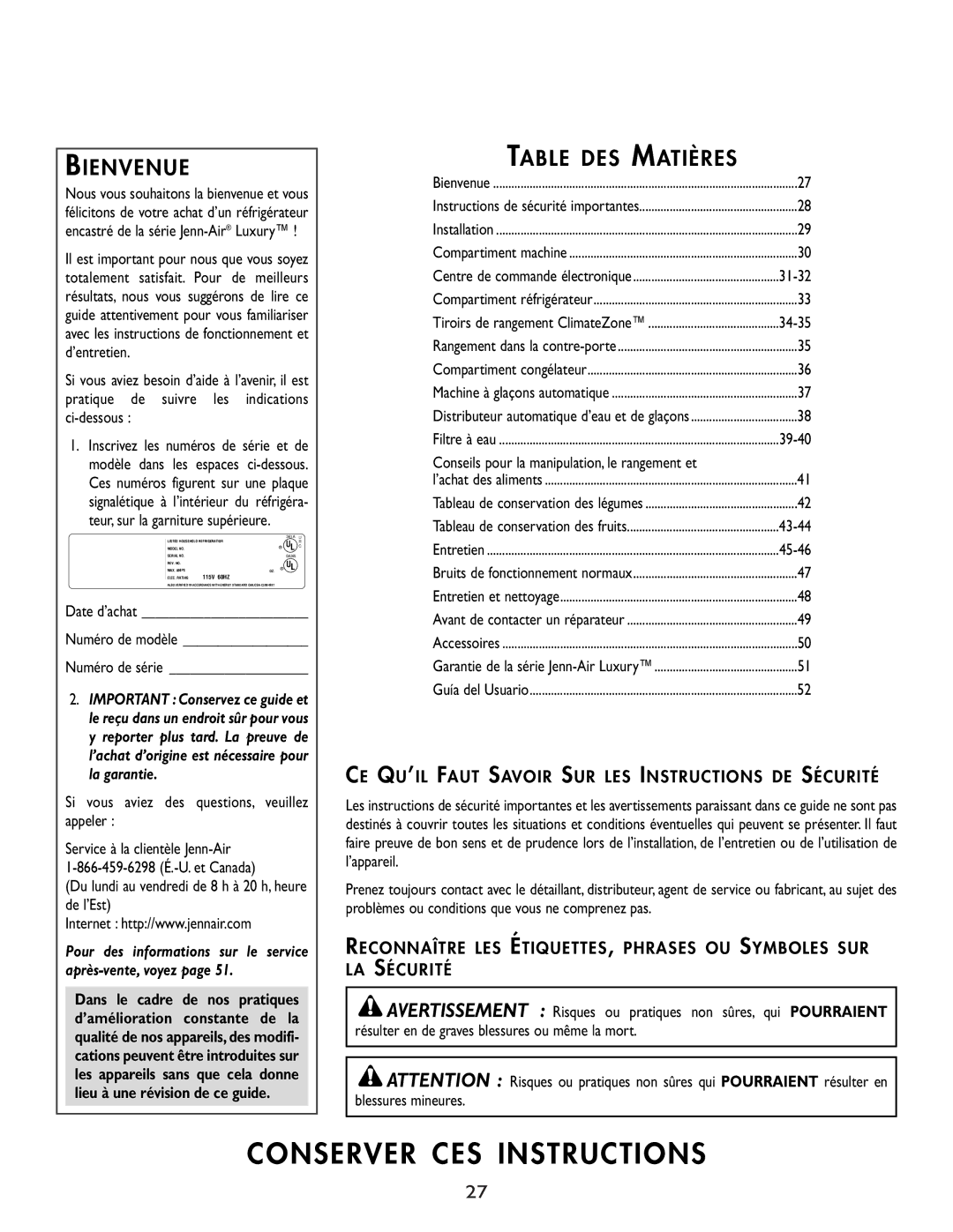 Cuno 111405-1 manual Bienvenue, Table DES Matières, Conseils pour la manipulation, le rangement et 