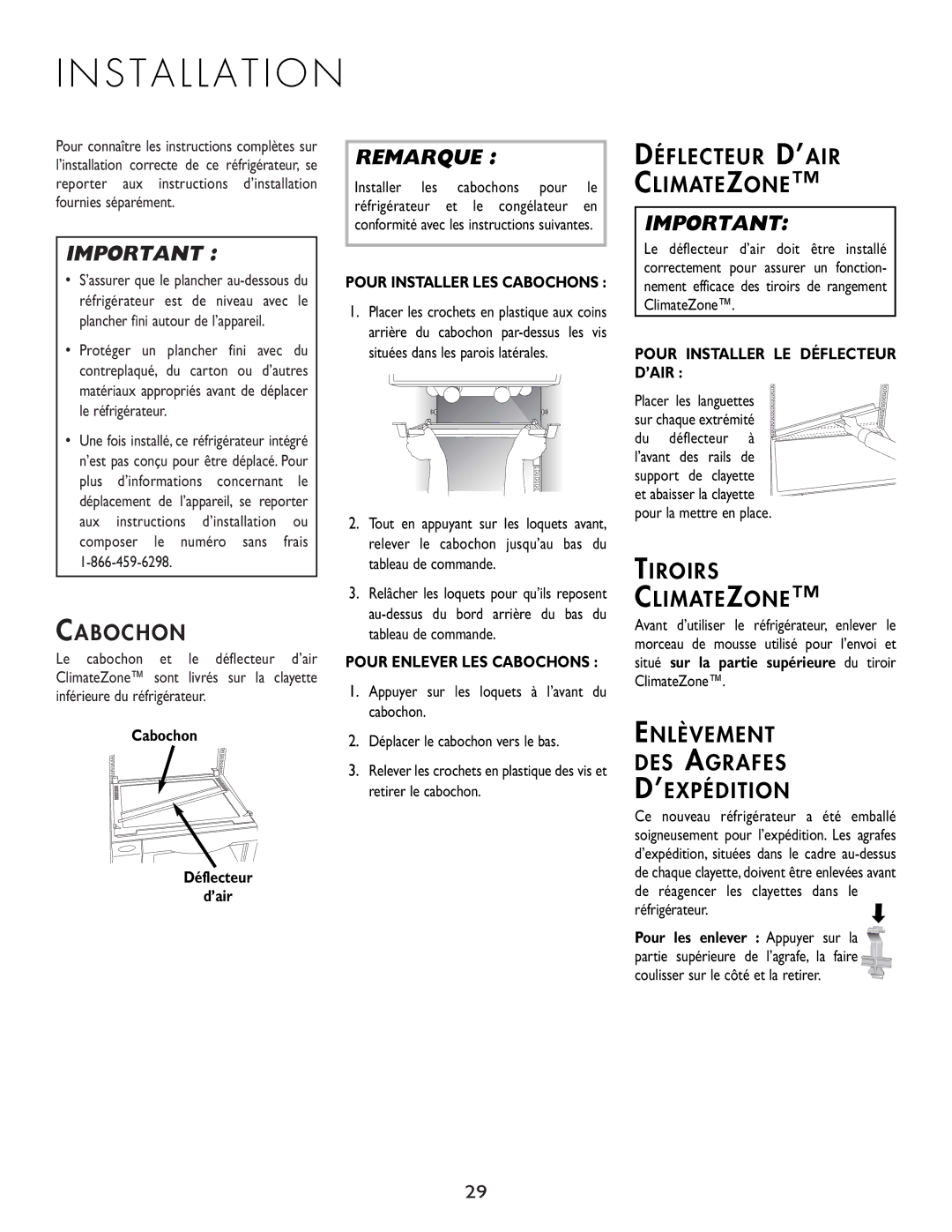 Cuno 111405-1 manual Cabochon, Déflecteur D’AIR Climatezone, Tiroirs Climatezone, Enlèvement DES Agrafes ’EXPÉDITION 