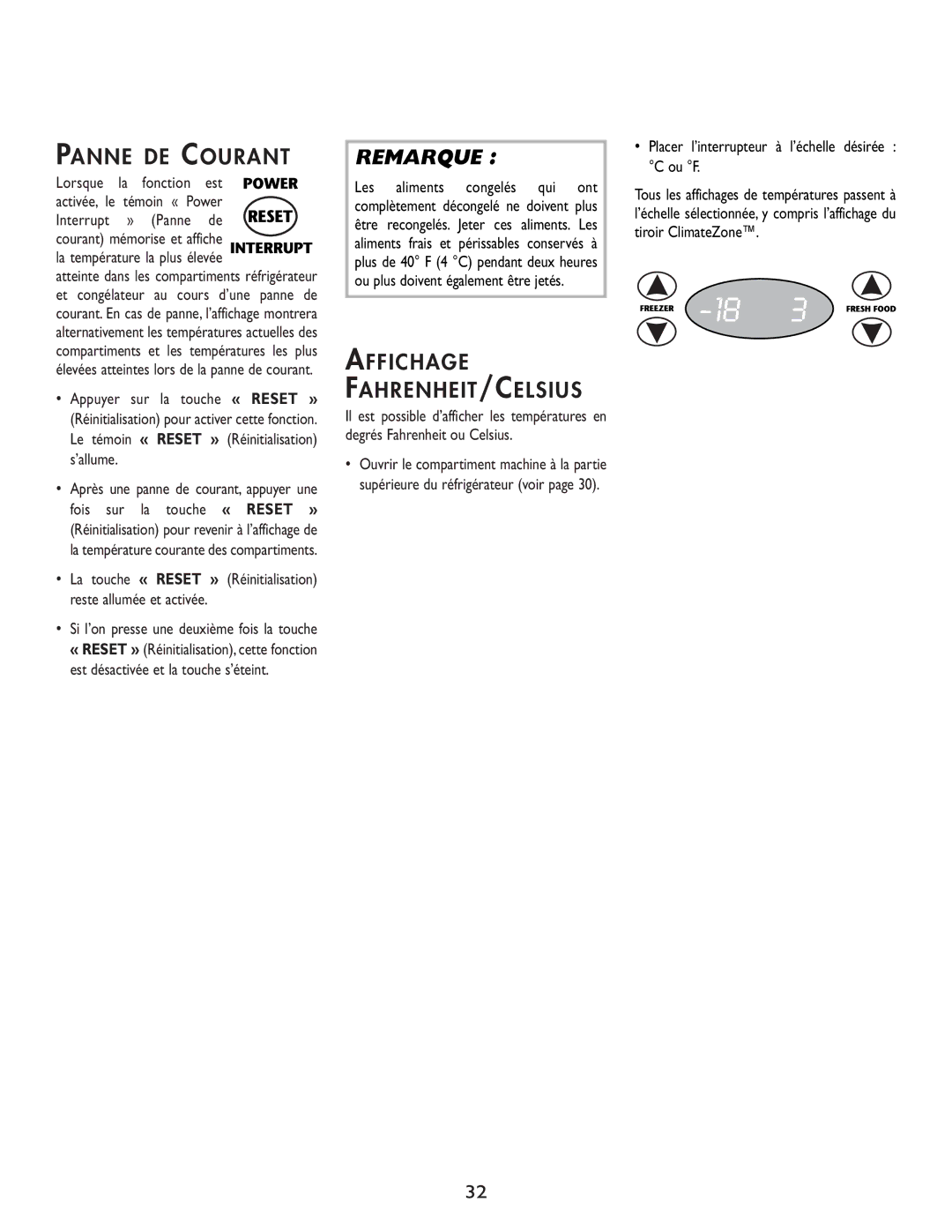 Cuno 111405-1 manual Panne DE Courant, Affichage FAHRENHEIT/CELSIUS, La température la plus élevée 