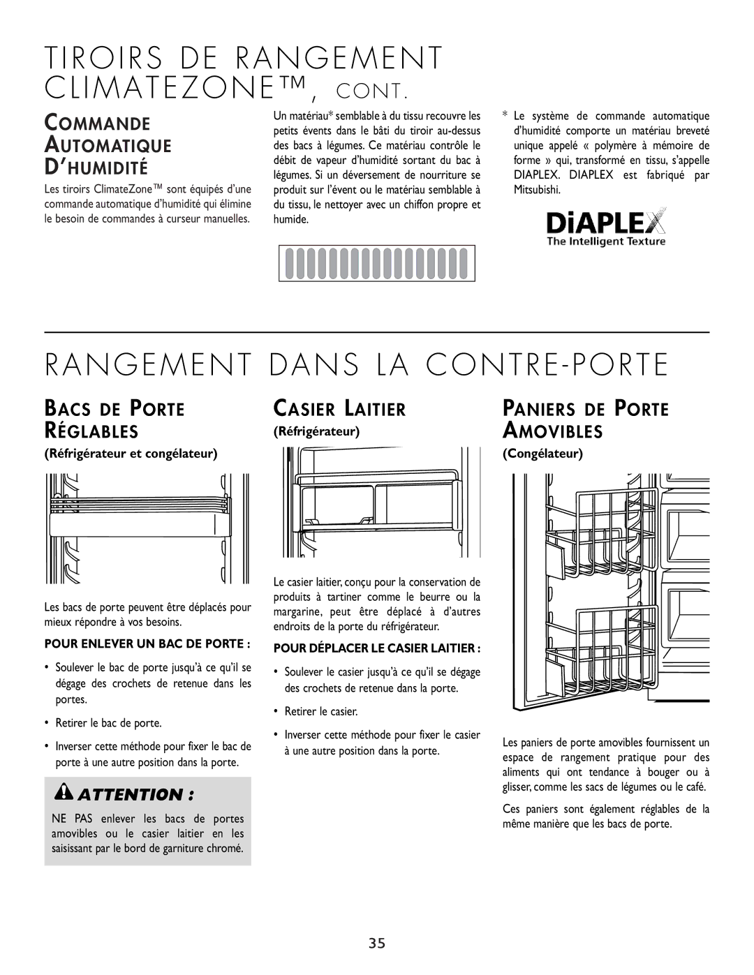 Cuno 111405-1 manual Commande Automatique ’HUMIDITÉ, Bacs DE Porte Réglables, Casier Laitier, Amovibles 