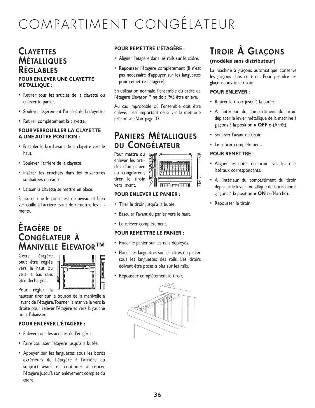 Cuno 111405-1 manual M P a R T I M E N T C O N G É L a T E U R, Clayettes Métalliques Réglables, Tiroir À Glaçons 