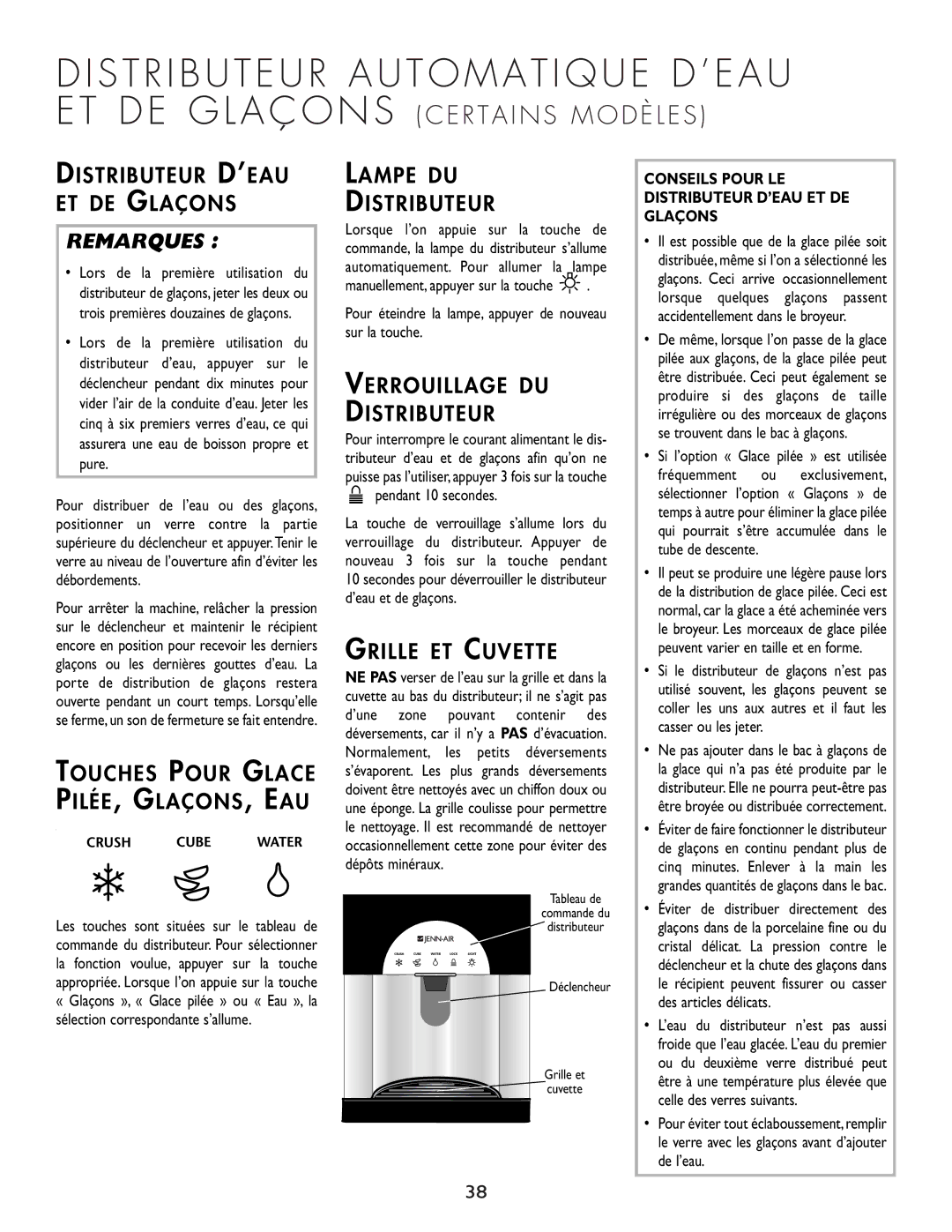 Cuno 111405-1 manual Distributeur D’EAU ET DE Glaçons, Touches Pour Glace PILÉE, GLAÇONS, EAU, Lampe DU Distributeur 