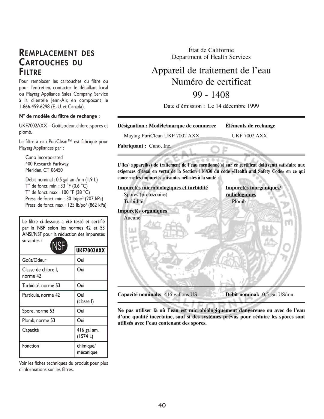 Cuno 111405-1 manual Remplacement DES Cartouches DU Filtre, UKF7002AXX Goût, odeur, chlore, spores et plomb 