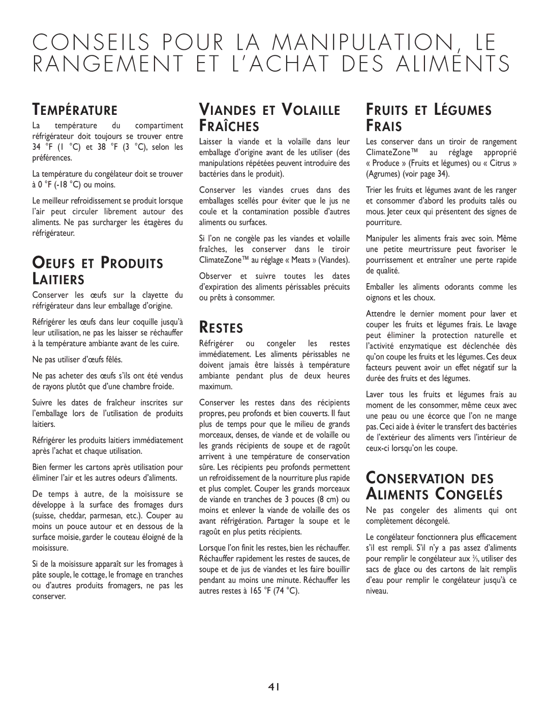 Cuno 111405-1 manual Oeufs ET Produits Laitiers, Viandes ET Volaille Fraîches, Restes, Fruits ET Légumes Frais 