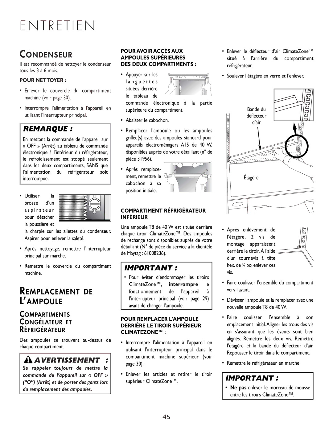 Cuno 111405-1 manual Condenseur, Remplacement DE L’AMPOULE, Pour Nettoyer, Compartiment Réfrigérateur Inférieur 