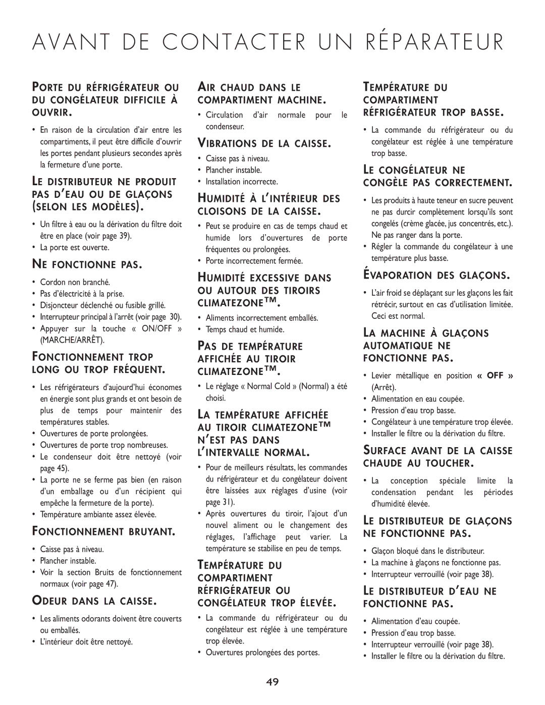 Cuno 111405-1 manual La porte est ouverte, Cordon non branché Pas d’électricité à la prise, Ouvertures de porte prolongées 