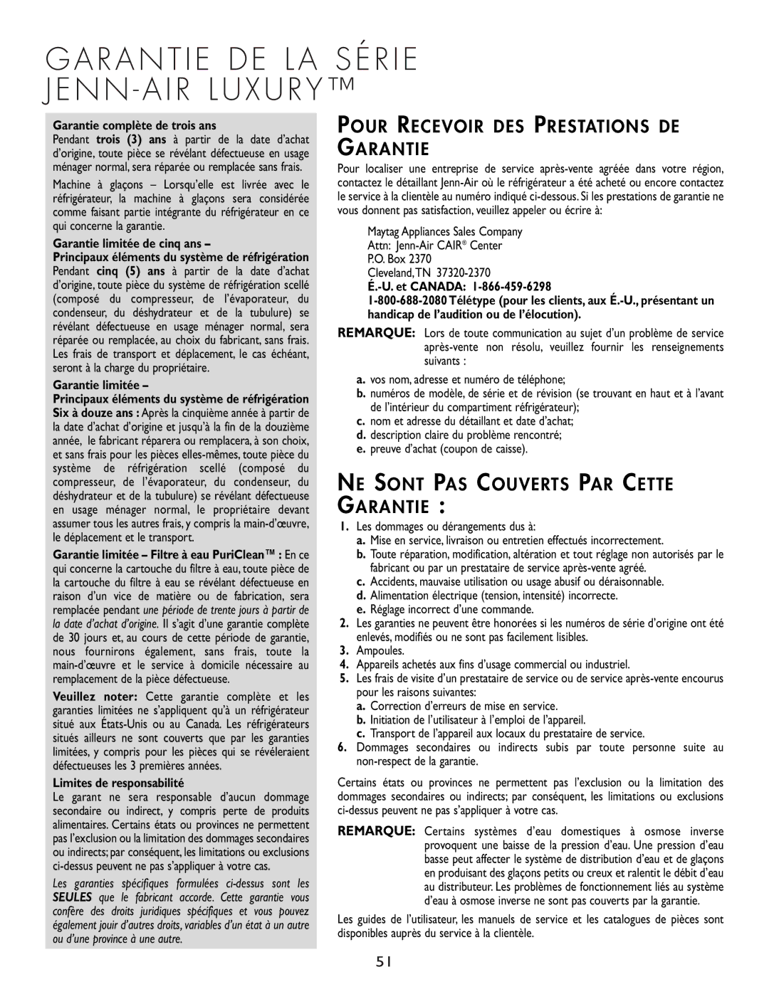 Cuno 111405-1 manual Pour Recevoir DES Prestations DE Garantie, NE Sont PAS Couverts PAR Cette Garantie 