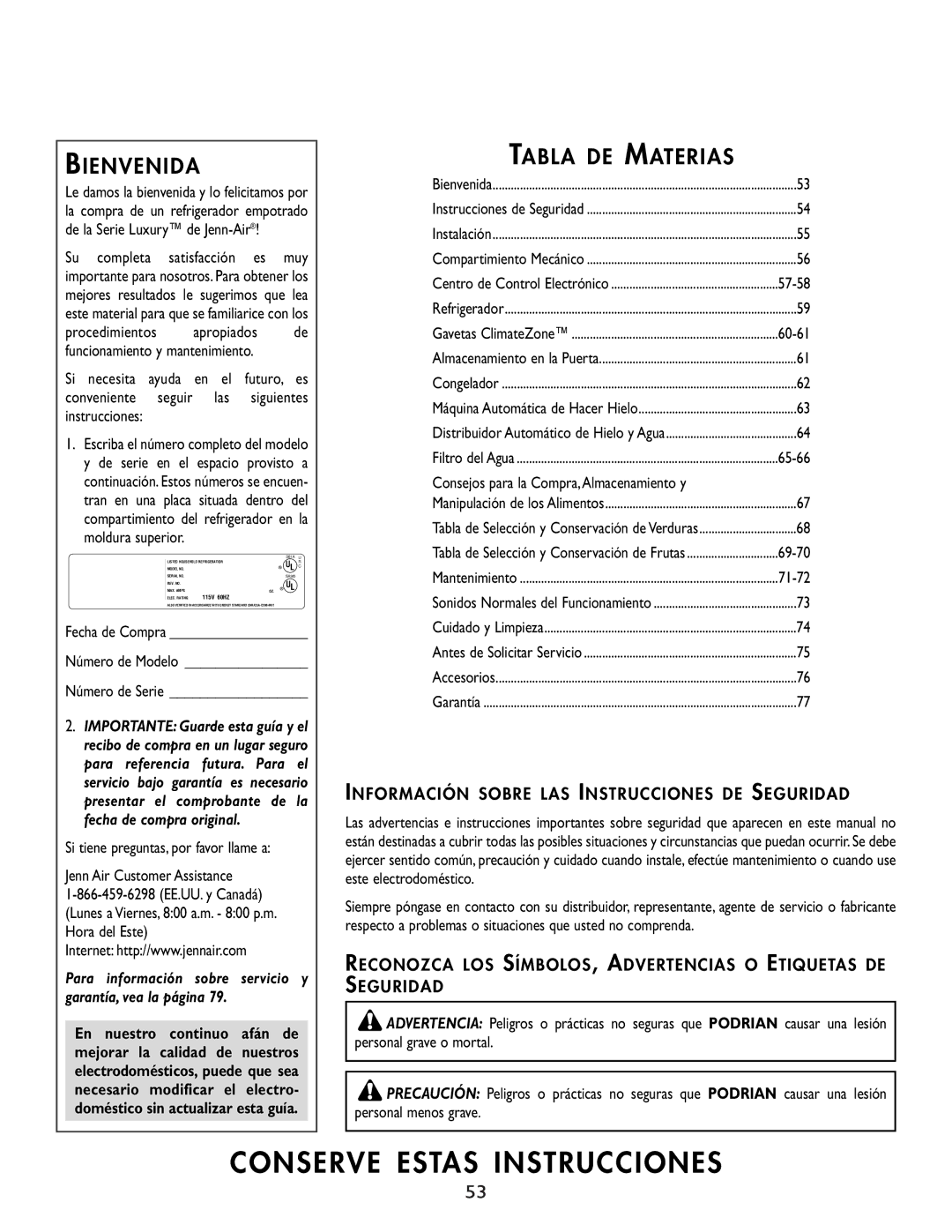 Cuno 111405-1 Bienvenida, Tabla DE Materias, Consejos para la Compra,Almacenamiento y, Fecha de Compra, Número de Serie 