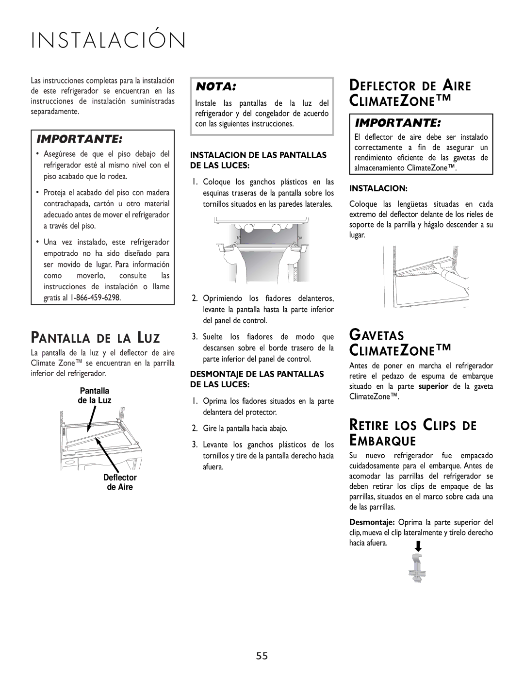 Cuno 111405-1 manual S T a L a C I Ó N, Pantalla DE LA LUZ, Deflector DE Aire Climatezone, Gavetas Climatezone 