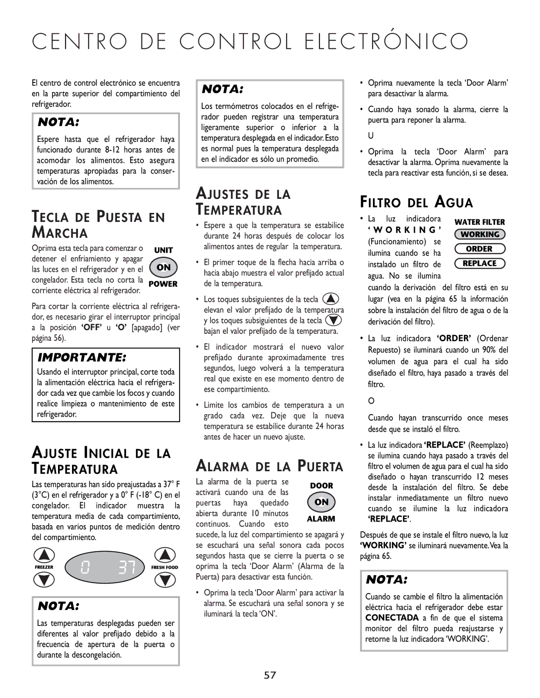 Cuno 111405-1 Tecla DE Puesta EN Marcha, Ajuste Inicial DE LA Temperatura, Ajustes DE LA Temperatura, Alarma DE LA Puerta 