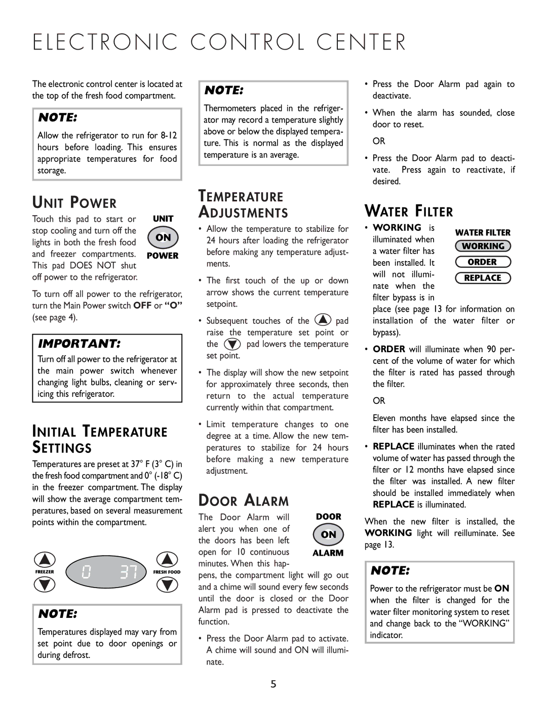 Cuno 111405-1 manual N T R O L C E N T E R, Unit Power, Temperature Adjustments, Door Alarm 