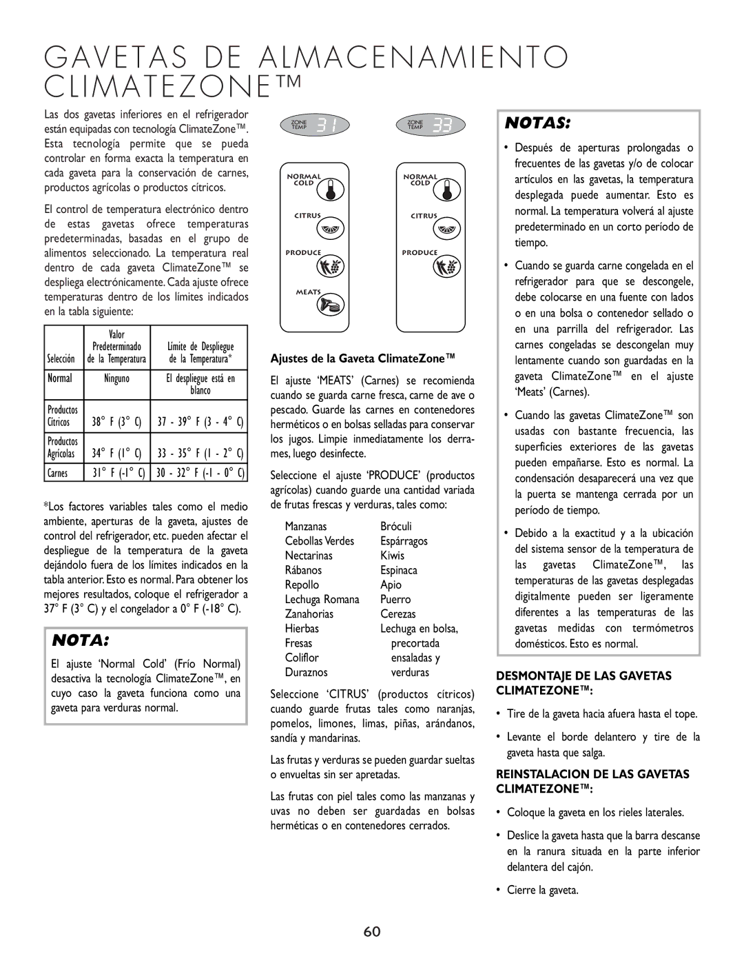 Cuno 111405-1 manual Desmontaje DE LAS Gavetas Climatezone, Reinstalacion DE LAS Gavetas Climatezone 